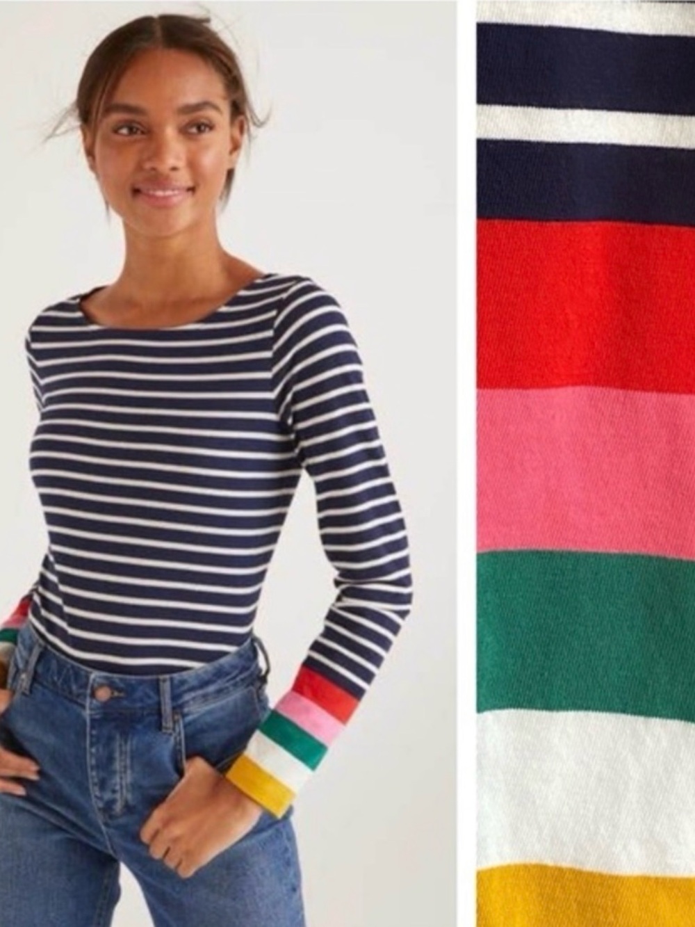 Boden Ella Long Sleeve Breton-Navy/White Striped with Colorblock Cuffs